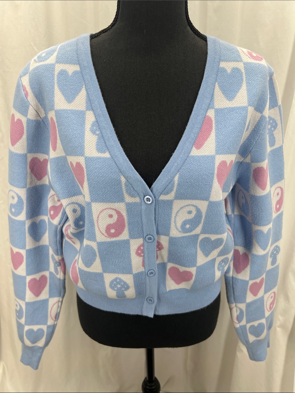 Y2K Style Mushroom Heart Yin-Yang Cropped V Neck Cardigan Women’s Size Large
